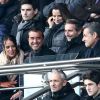 Arnaud Lagardère et sa femme Jade Foret près de Nicolas Sarkozy - au match de de la ligue 1 entre le PSG et Evian au Parc des Princes à Paris le 18 janvier 2014. Le Psg à remporté le match sur le score de 4 buts à 2. Il y a eu une minute d'applaudissements pour les attentats de la semaine dernière "Ici, c'est Charlie"