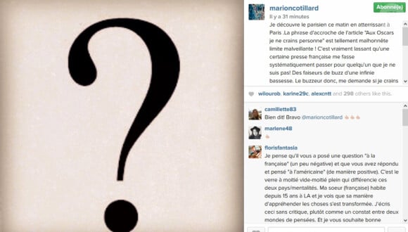 Post sur le compte Instagram "Marion Cotillard" où on voit un point d'interrogation et un "coup de gueule" contre des propos en interview qu'elle estime sortis de son contexte.