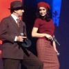 Jenifer et Patrick Bruel sur la scène de l'Arena à Montpellier pour le concert des Enfoirés. Le duo est déguisé en Bonnie and Clyde. Janvier 2015.