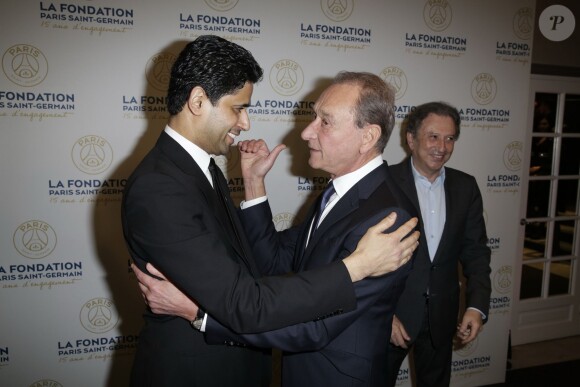 Exclusif - Nasser Al-Khelaïfi, Bertrand Delanoë et Michel Drucker - Soirée de gala de la Fondation Paris Saint-Germain qui fête ses 15 ans au Pavillon Gabriel à Paris le 27 janvier 2015.
