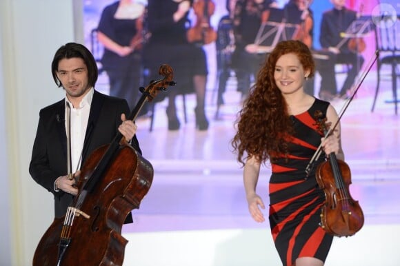 Gautier Capuçon et Camille Berthollet - Enregistrement de l'émission "Vivement Dimanche" à Paris le 4 février 2015. L'émission est diffusée le 8 février.