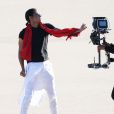  Exclusif - Stomy Bugsy et Brandon Howard, le pr&eacute;tendu fils cach&eacute; de Michael Jackson, sur le tournage du clip de leur chanson "I'm Fly" dans le d&eacute;sert du Nevada le 23 d&eacute;cembre 2014. 