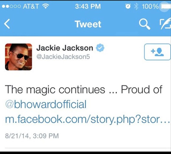 Jackie Jackson twitte "the magic continues" à propos de B. Howard