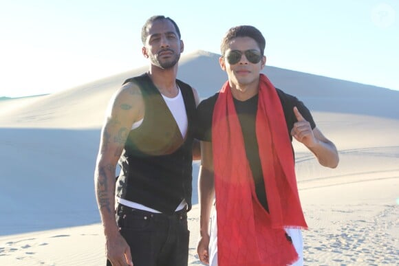 Exclusif - Stomy Bugsy et Brandon Howard, le prétendu fils caché de Michael Jackson, sur le tournage du clip de leur chanson "I'm Fly" dans le désert du Nevada le 23 décembre 2014.