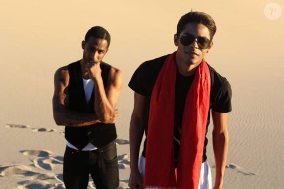 Exclusif - Stomy Bugsy et Brandon Howard, le prétendu fils caché de Michael Jackson, sur le tournage du clip de leur chanson "I'm Fly" dans le désert du Nevada le 23 décembre 2014.