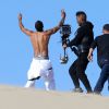 Exclusif - Stomy Bugsy et Brandon Howard, le prétendu fils caché de Michael Jackson, sur le tournage du clip de leur chanson "I'm Fly" dans le désert du Nevada le 23 décembre 2014.
