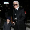 Karl Lagerfeld et son filleul arrivent à la nouvelle boutique Fendi sur Madison Avenue, pour sa soirée d'inauguration. New York, le 13 février 2015.