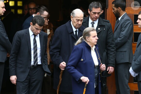 Charles Pasqua et sa femme Jeanne Joly - Charles Pasqua a assisté aux obsèques de son fils Pierre-Philippe en l'église Notre-Dame des Chênes, dans sa ville natale de Grasse le 17 février 2015.