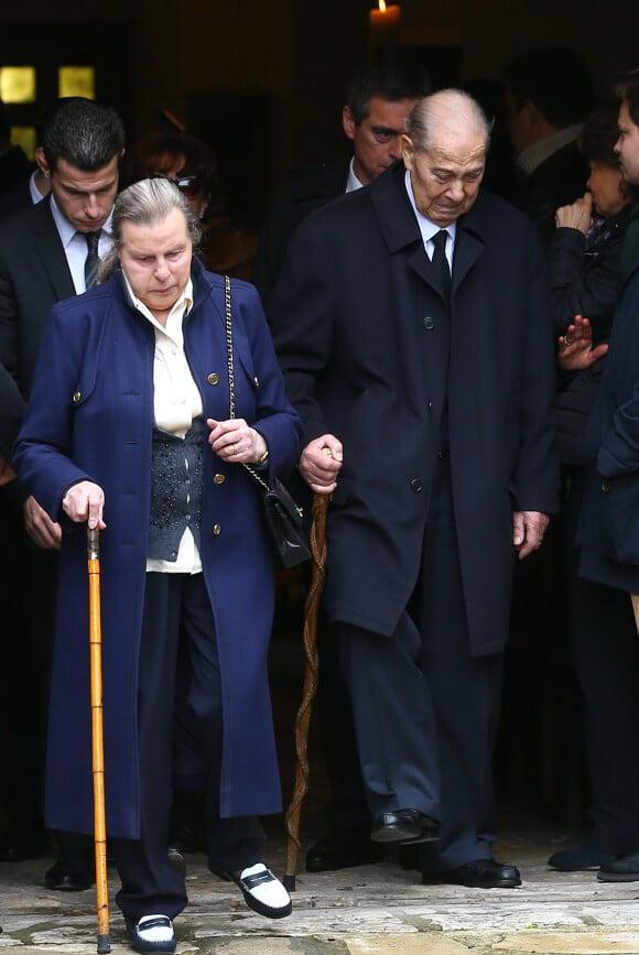 Charles Pasqua et sa femme Jeanne Joly - Charles Pasqua a assisté aux obsèques de son fils Pierre-Philippe en l'église Notre-Dame des Chênes, dans sa ville natale de Grasse le 17 février 2015.