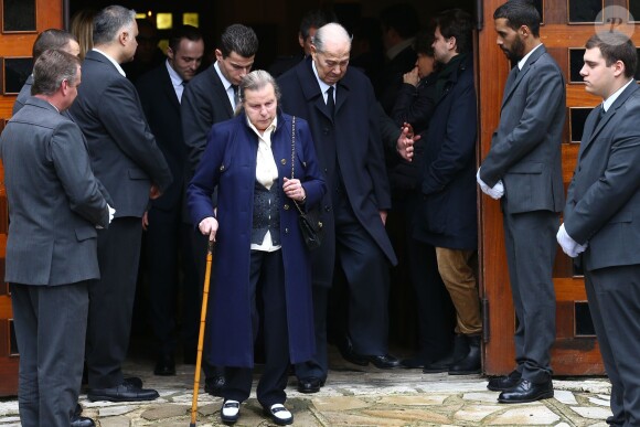 Charles Pasqua et sa femme Jeanne Joly - Charles Pasqua a assisté aux obsèques de son fils Pierre-Philippe en l'église Notre-Dame des Chênes, dans sa ville natale de Grasse le 17 février 2015.