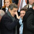  Nicolas Sarkozy et David Beckham lors du match de ligue de champions entre le PSG et Chelsea, au Parc des Princes &agrave; Paris le 17 f&eacute;vrier 2015 