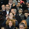 Youri Djorkaeff, Jamel Debbouze, Pierre Niney, Lilian Thuram et Pierre Sarkozy lors du match de ligue de champions entre le PSG et Chelsea, au Parc des Princes à Paris le 17 février 2015