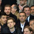  David Beckham, Youri Djorkaeff, Claire Chazal lors du match de ligue de champions entre le PSG et Chelsea, au Parc des Princes &agrave; Paris le 17 f&eacute;vrier 2015 