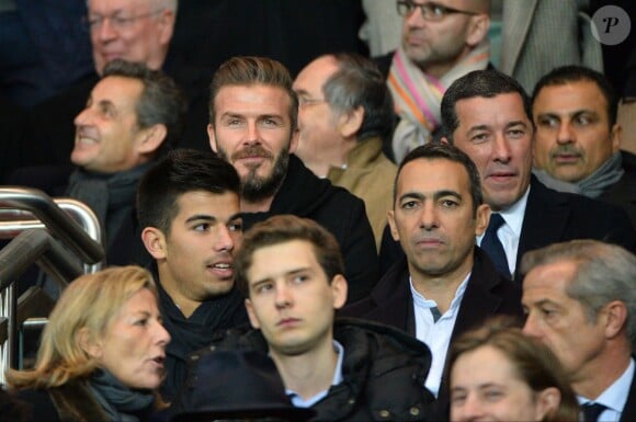 David Beckham, Youri Djorkaeff, Claire Chazal lors du match de ligue de champions entre le PSG et Chelsea, au Parc des Princes à Paris le 17 février 2015