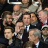 David Beckham, Sir Alex Ferguson, Youri Djorkaeff, Jamel Debbouzelors du match de ligue de champions entre le PSG et Chelsea, au Parc des Princes à Paris le 17 février 2015
