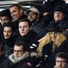 Pierre Niney, Jamel Debbouze, Didier Deschamps, Youri Djorkaeff, Pascal Obispo et  Julie Hantson lors du match de ligue de champions entre le PSG et Chelsea, au Parc des Princes à Paris le 17 février 2015