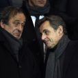  Michel Platini et Nicolas Sarkozy lors du match de ligue de champions entre le PSG et Chelsea, au Parc des Princes &agrave; Paris le 17 f&eacute;vrier 2015 