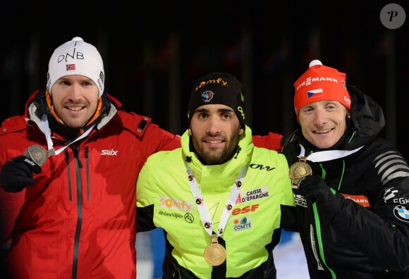 Emil Hegle Svendsen, Martin Fourcade et Ondrej Moravec lors du 20 km des Championnats du monde de biathlon qui se déroulaient à Kontiolahti, le 12 mars 2015