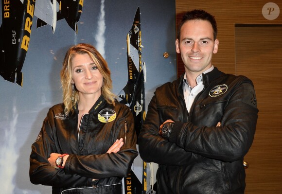 Exclusif - Aude Lemordant (championne du monde de voltige aérienne) et Mikael Brageot (pilote de voltige pour Breitling) - Cocktail à l'occasion du lancement du modèle Breitling Cockpit B50 à Paris le 9 avril 2015.