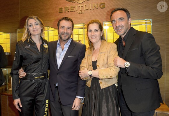 Exclusif - Aude Lemordant (championne du monde de voltige aérienne), Bernard Montiel, Valérie Pierson (directrice générale Breitling France) et Nikos Aliagas - Cocktail à l'occasion du lancement du modèle Breitling Cockpit B50 à Paris le 9 avril 2015.