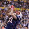 Aaron Hernandez célèbre son touchdown lors du Super Bowl XLVI au Lucas Oil Stadium d'Indianapolis, le 5 février 2012