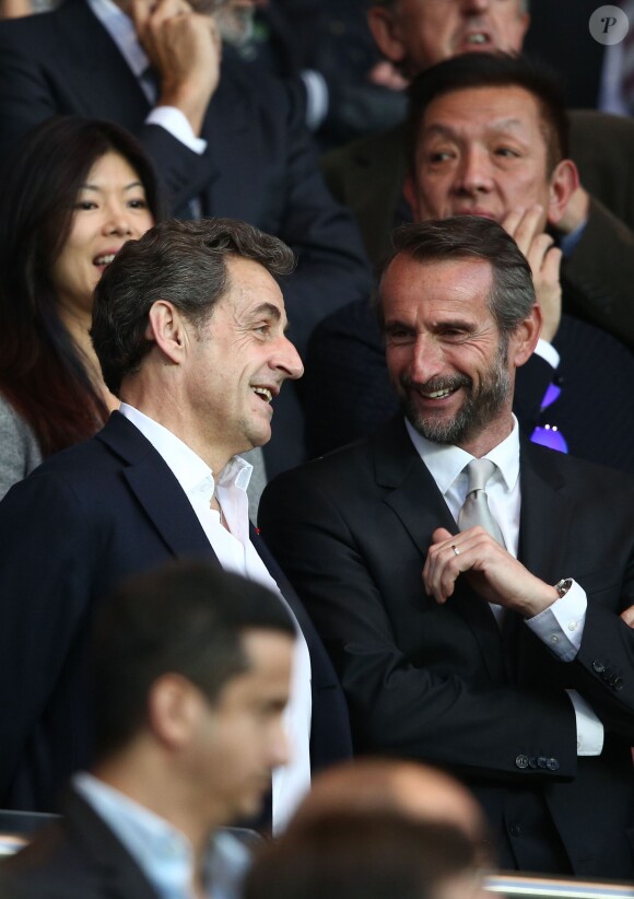 Nicolas Sarkozy, Jean-Claude Blanc lors de la rencontre entre le Paris Saint-Germain et le FC Barcelone en quart de finale de la Ligue des champions, le 15 avril 2015 au Parc des Princes à Paris