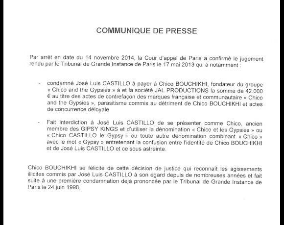 Communiqué de presse de Chico Bouchikhi, de Chico & the Gypsies, sur la décision de justice en sa faveur en novembre 2014 contre José Luis Castillo.