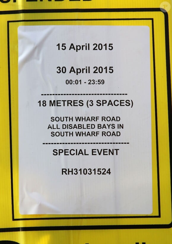 Parking restriction notices were erected outside the hospital, emblazoned with the words special event' in London, UK on april 14, 2015. The Duchess of Cambridge will get a 10 per cent loyalty discount for giving birth a second time at the lindo wing of St Mary’s hospital, it has been revealed. Photo by XPosure/ABACAPRESS.COM14/04/2015 - 