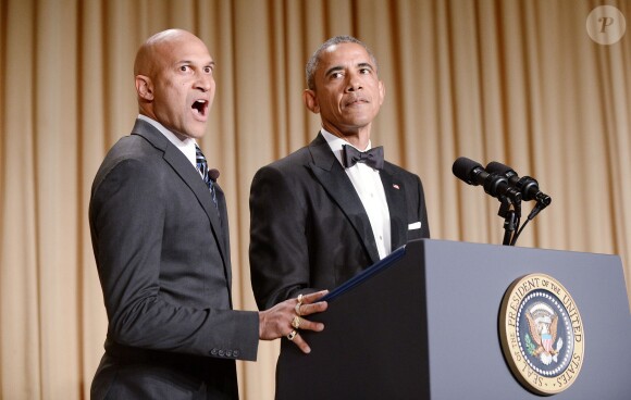Le président Barack Obama et le comédien Keegan-Michael Key lors du dîner de gala de l'association des Correspondants de la Maison Blanche à l'hôtel Hilton Washington. Washington, le 25 avril 2015.