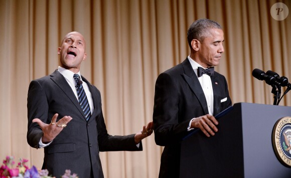 Le président Barack Obama et le comédien Keegan-Michael Key lors du dîner de gala de l'association des Correspondants de la Maison Blanche à l'hôtel Hilton Washington. Washington, le 25 avril 2015.