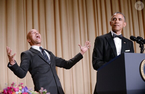 Le président Barack Obama et le comédien Keegan-Michael Key lors du dîner de gala de l'association des Correspondants de la Maison Blanche à l'hôtel Hilton Washington. Washington, le 25 avril 2015.