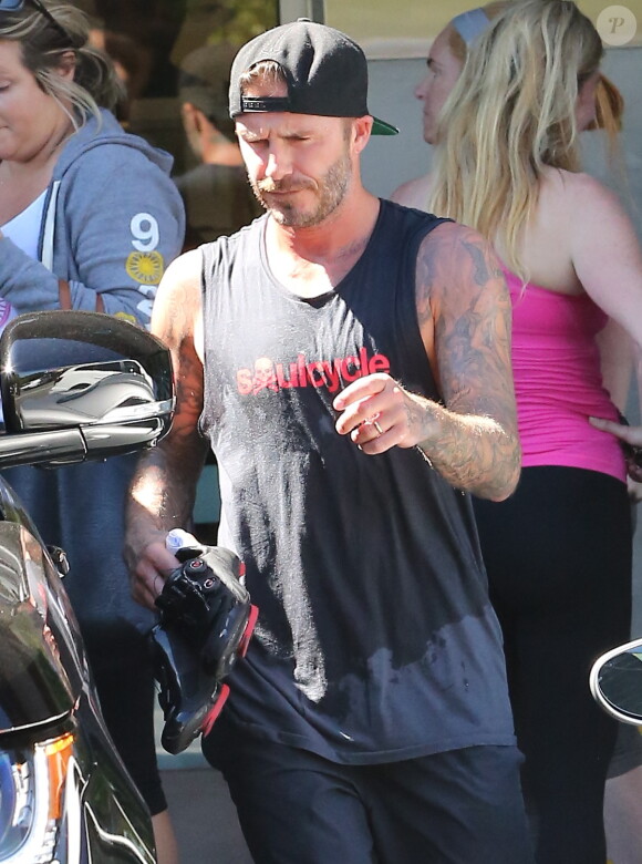 David Beckham, tout en sueur à la sortie du SoulCycle de Brentwood, le 28 avril 2015