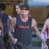 David Beckham sort de sa séance de gym matinale au Soul Circle gym à Brentwood, le 28 avril 2015. Dès son retour de son voyage à Londres, il est revenu à ses séances régulières de gym.