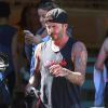 David Beckham sort de sa séance de gym matinale au Soul Circle gym à Brentwood, le 28 avril 2015. Dès son retour de son voyage à Londres, il est revenu à ses séances régulières de gym.