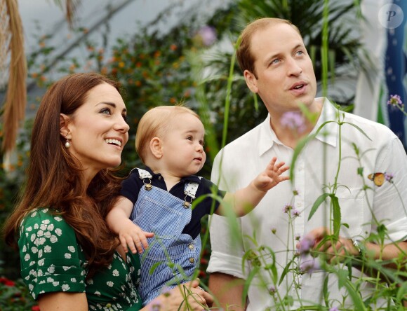 Le prince George fête ses 1 an ce jour, le 22 juillet 2014. Cette photo officielle, qui montre le prince William, Kate Middleton (Catherine), la duchesse de Cambridge, et leur fils le prince George, a été prise pour l'occasion, le 2 juillet 2014, lors de la visite de l'exposition "Sensational Butterflies" au Musée d'Histoire Naturelle à Londres.