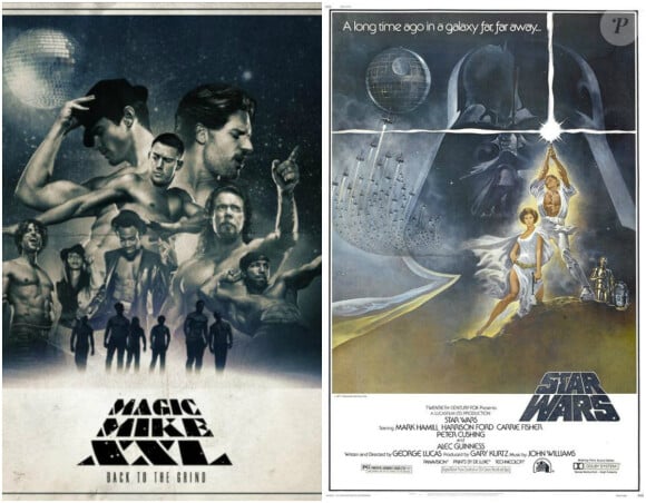 Montage des deux affiches, Magic Mike XXL parodiant La Guerre des Etoiles.