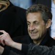 Nicolas Sarkozy lors du match de football de Ligue 1 PSG (Paris Saint-Germain) - Guigamp lors de la 36e journée au Parc des Princes à Paris, le 8 mai 2015.