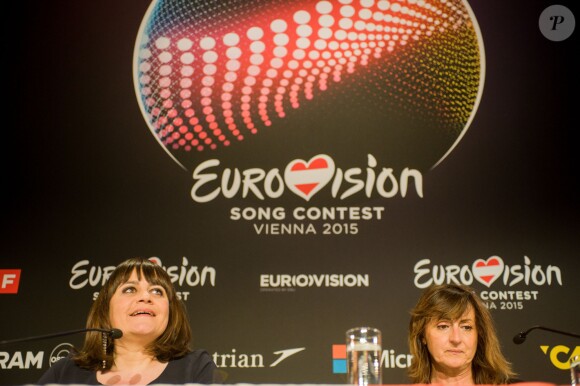 Lisa Angell, candidate française, en conférence de presse à l'Eurovision à Vienne le 20 mai 2015