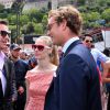 Gareth Wittstock, le frère de la princesse Charlene, Pierre Casiraghi et sa fiancée Beatrice Borromeo dans le paddock du Grand Prix de Monaco durant les essais du 23 mai 2015
