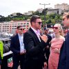 Gareth Wittstock, le frère de la princesse Charlene, Pierre Casiraghi et sa fiancée Beatrice Borromeo dans le paddock du Grand Prix de Monaco durant les essais du 23 mai 2015