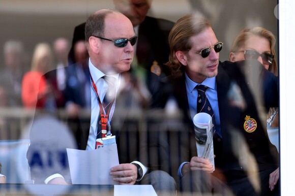 Le prince Albert II de Monaco et Andrea Casiraghi lors du 73e Grand Prix de Monaco le 24 mai 2015.