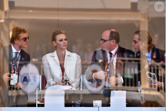 Pierre Casiraghi, la princesse Charlene de Monaco et le prince Albert II de Monaco, Andrea Casiraghi lors du 73e Grand Prix de Monaco le 24 mai 2015.