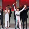 Pierre Casiraghi, la princesse Charlene de Monaco, le prince Albert II de Monaco et Andrea Casiraghi applaudissent Nico Rosberg, vainqueur lors du 73e Grand Prix de Monaco le 24 mai 2015.
