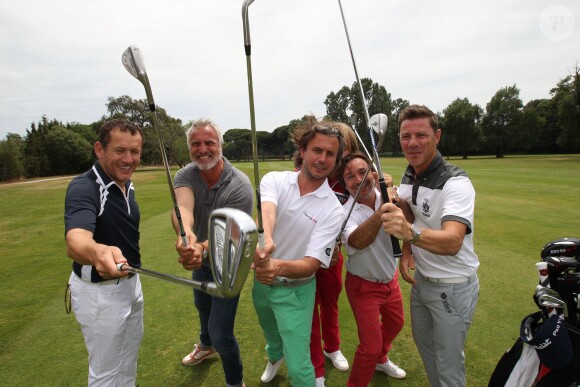Dany Boon, David Ginola, Harold et Jordan Bakalian et Victor Dubuisson lors de la Mapauto Golf Cup au Old Course de Mandelieu-la-Napoule, le 12 juin 2015