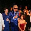 Exclusif - Miichou, toute son équipe et Patricia Caille - L'homme en bleu fête son 84e anniversaire dans son cabaret Chez Michou à Paris le 18 juin 2015.