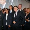 Guy Drut, Jean-Paul Huchon, Anne Hidalgo, Patrick Kanner, Bernard Lapasset lors de la cérémonie de coup d'envoi de la candidature de la France pour accueillir les Jeux olympiques de 2024 à la Maison du Sport Français à Paris le 23 juin 2015