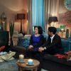 Exclusif - Le binôme Rosa et Alexandre dans la salle d'interview avec les prétendantes et Elsa Fayer, sur le tournage de l'émission Qui veut épouser mon fils ? saison 4, en février 2015.