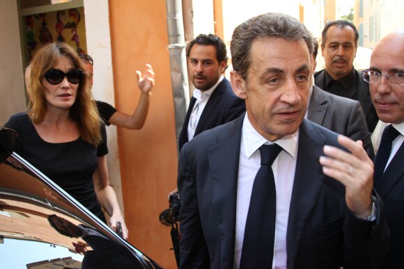 Nicolas Sarkozy, sa femme Carla Bruni-Sarkozy et Eric Ciotti - Obsèques de Charles Pasqua en la cathédrale Notre-Dame du Puy à Grasse, le 7 juillet 2015.07/07/2015 - Grasse