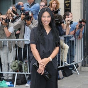 Anggun arrive au 325, rue Saint Martin (dans le 3e arrondissement) pour assister au défilé Jean Paul Gaultier (collection haute couture automne-hiver 2015/2016). Paris, le 8 juillet 2015.