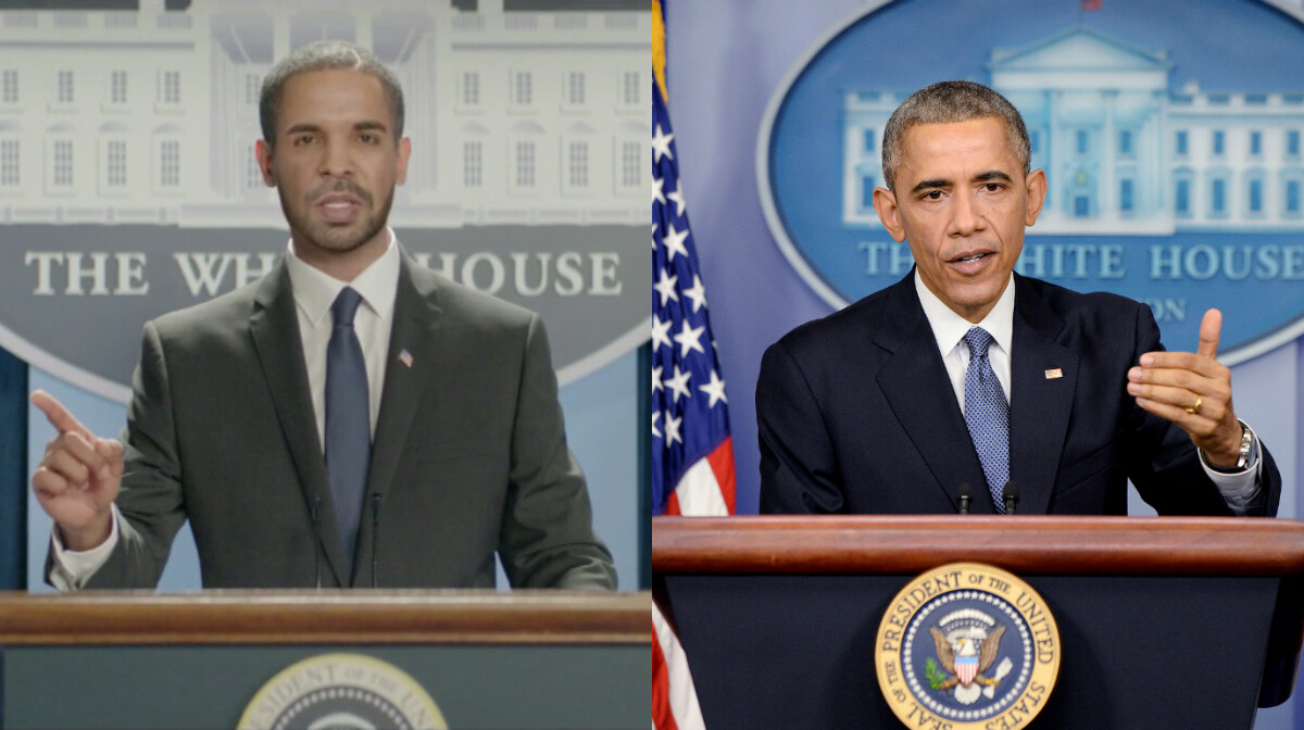 Photo : Drake, président des États-Unis en plein discours façon Barack ...
